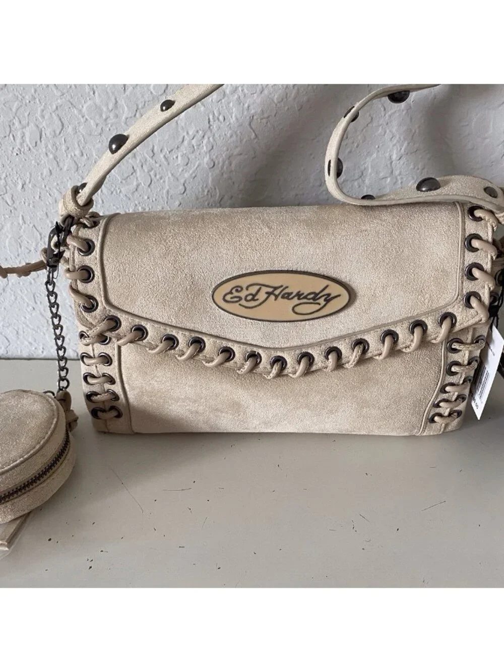 Ed Hardy Jeri Tan Beige Suede Crossbody Bag Studs Zip Closure W/Coin Purse NEW